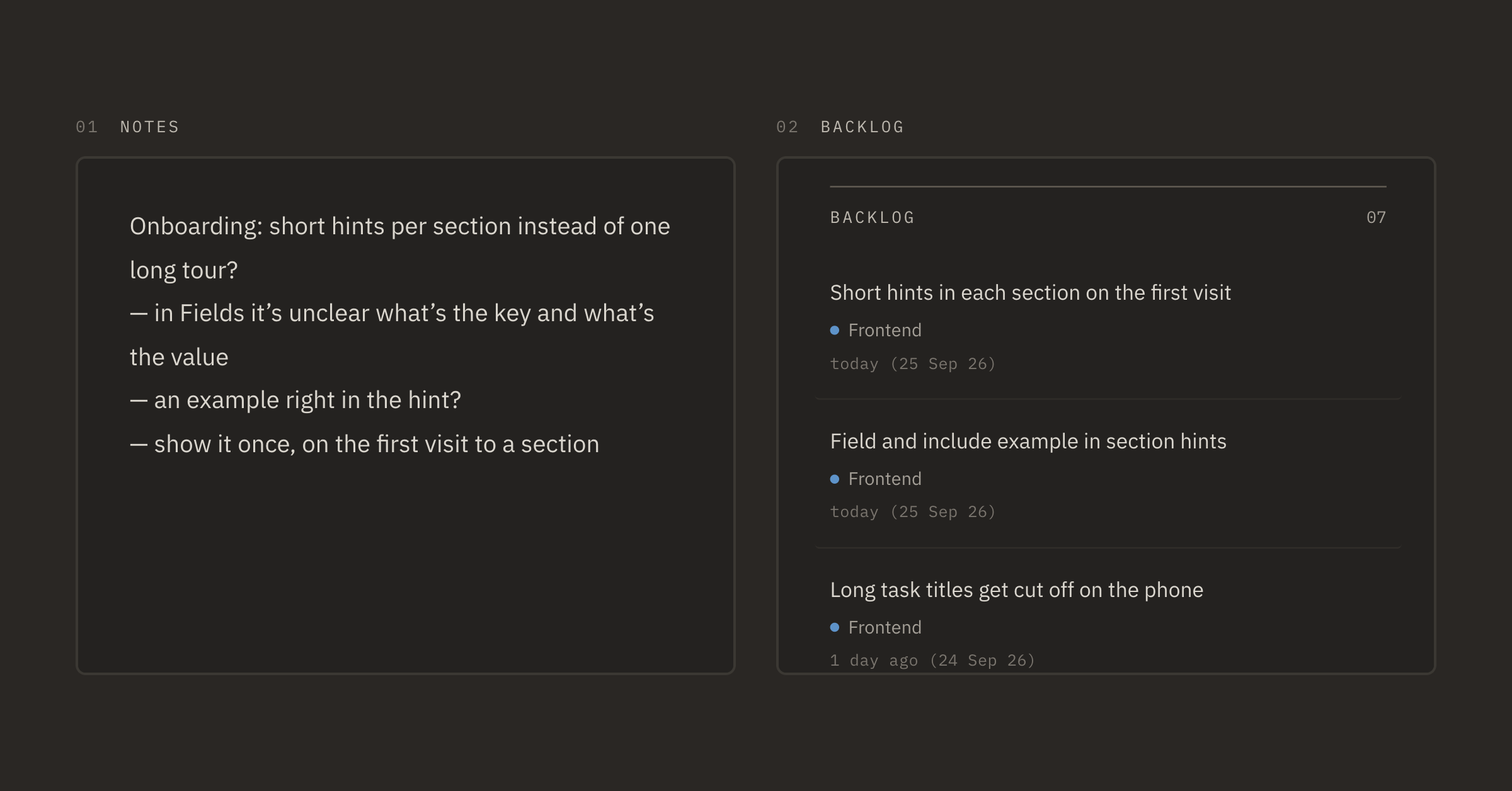 Lines from the notes became two tasks in the backlog