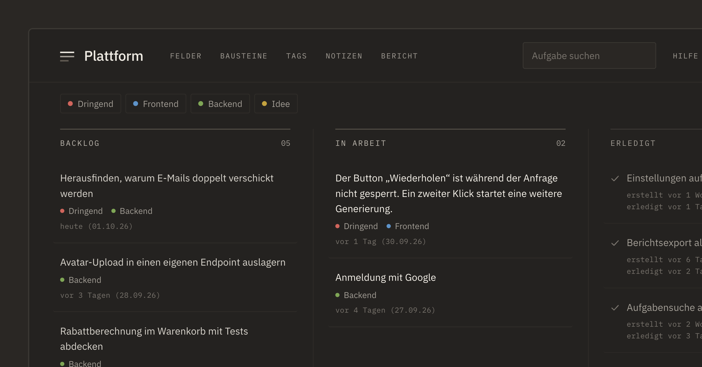 Projektboard: Backlog, In Arbeit, Erledigt