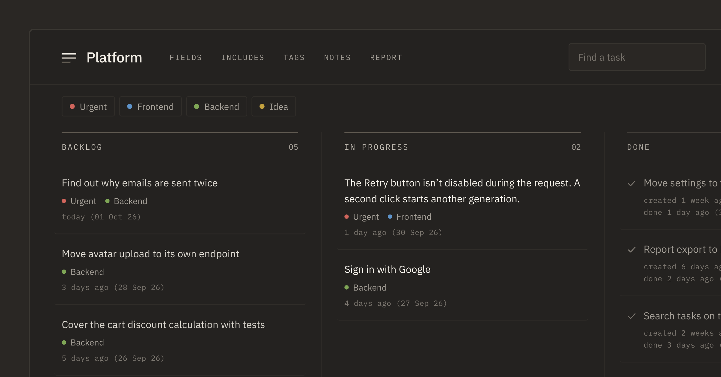 Project board: backlog, in progress, done