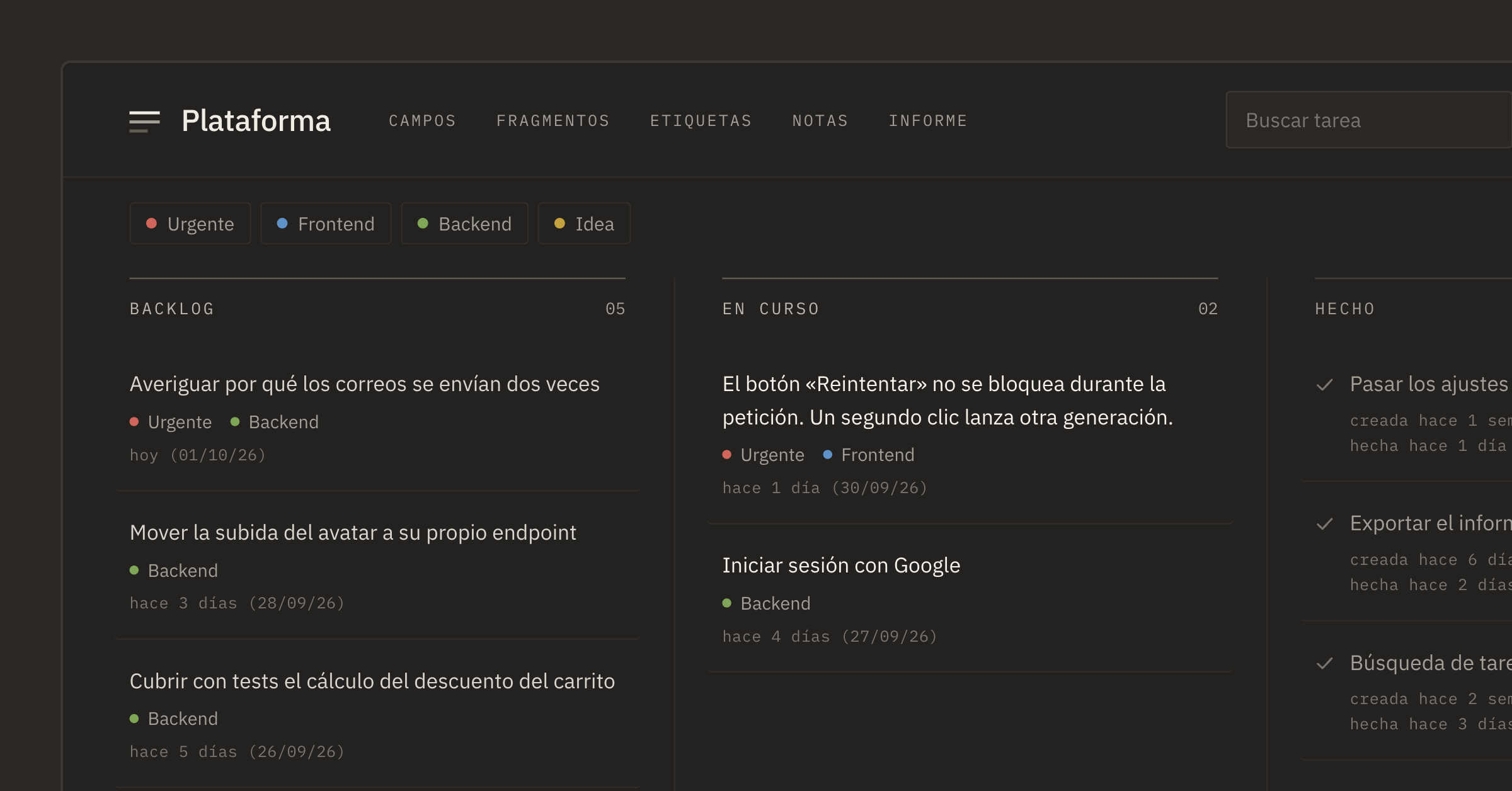 Tablero del proyecto: backlog, en curso, hecho