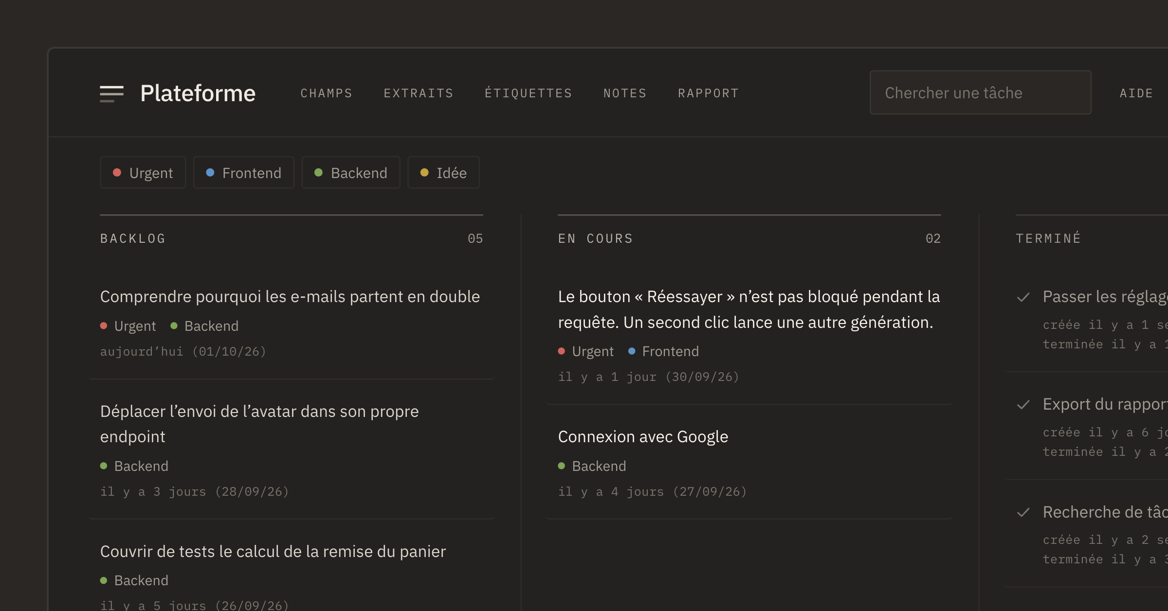 Tableau du projet : backlog, en cours, terminé