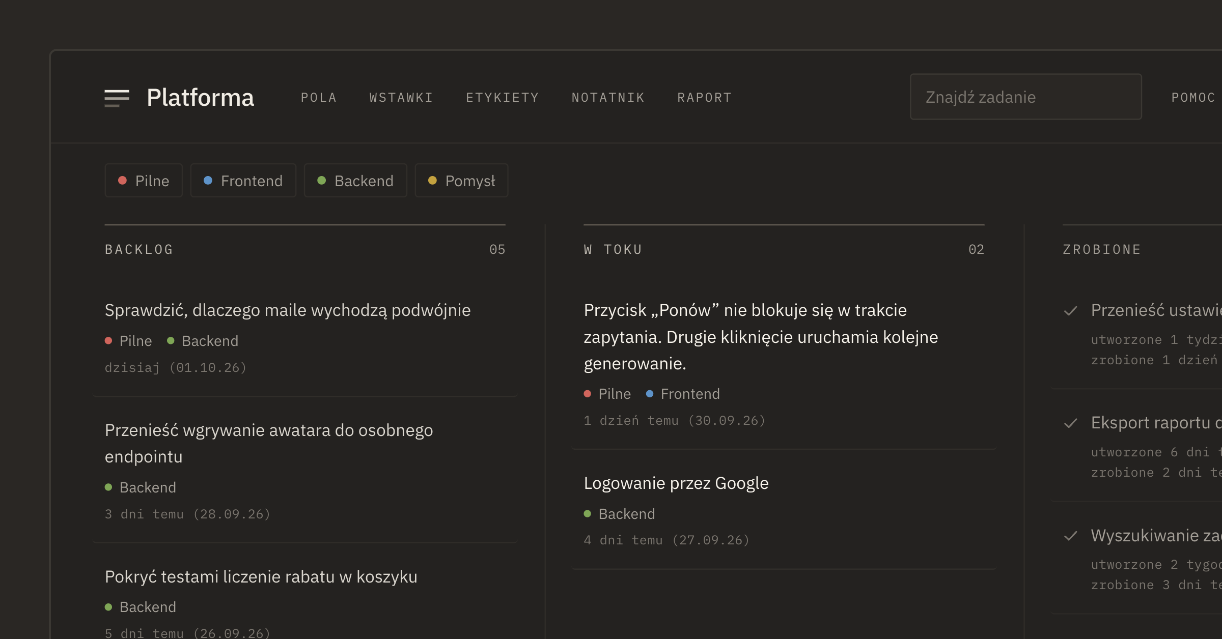 Tablica projektu: backlog, w toku, zrobione