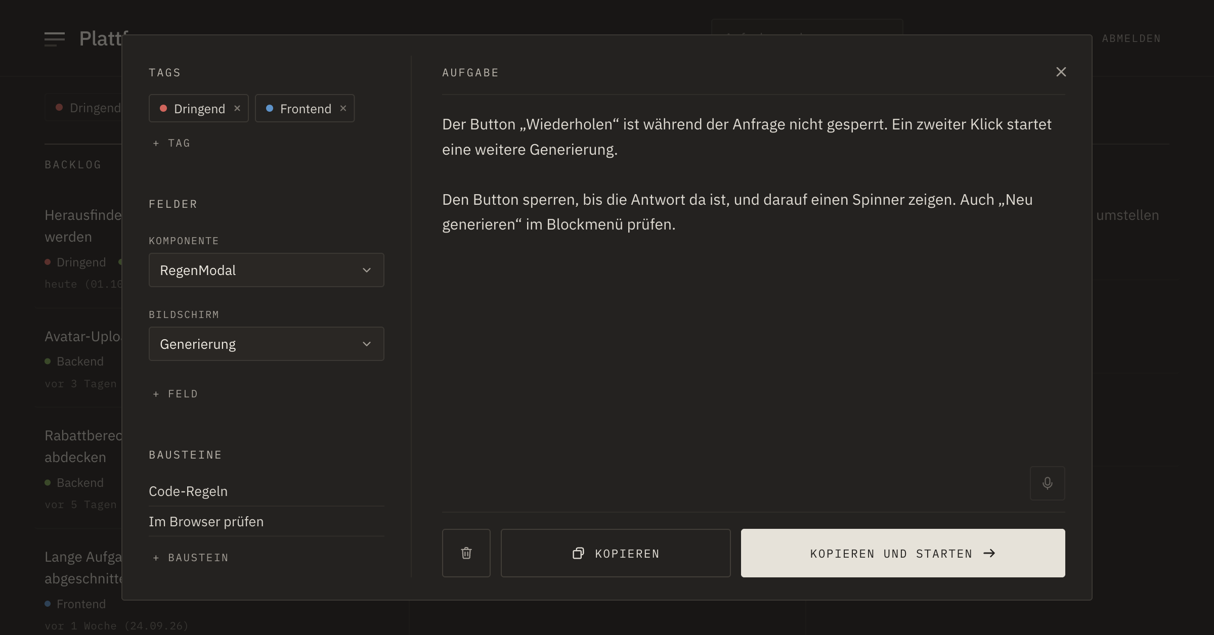 Aufgabenfenster: Felder, Aufgabentext und Bausteine