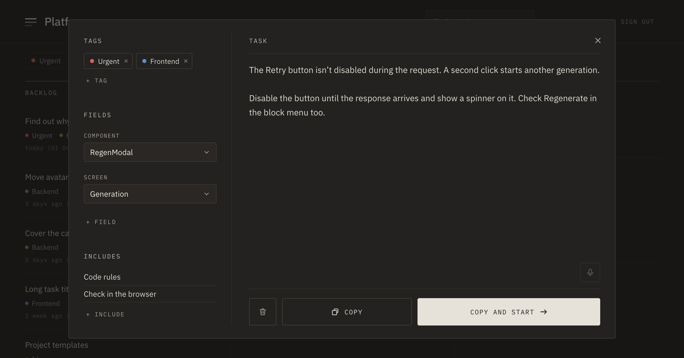 Task window: fields, task text and includes