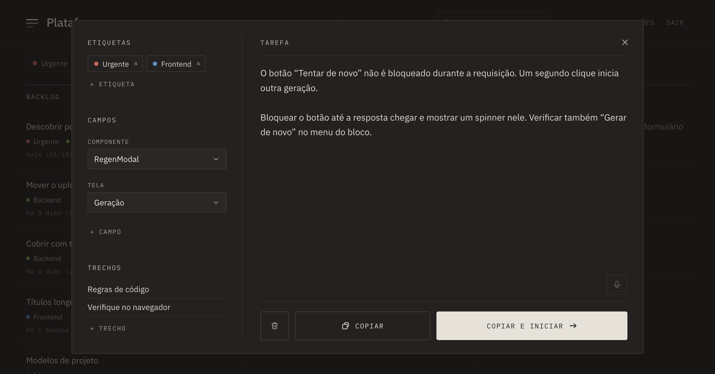 Janela da tarefa: campos, texto da tarefa e trechos